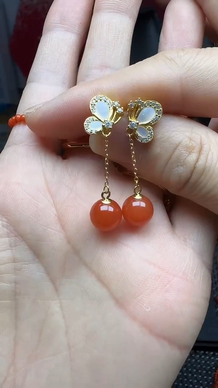 【闪购商品】南红玛瑙耳饰银S925镶嵌南红耳钉 s925银镶嵌