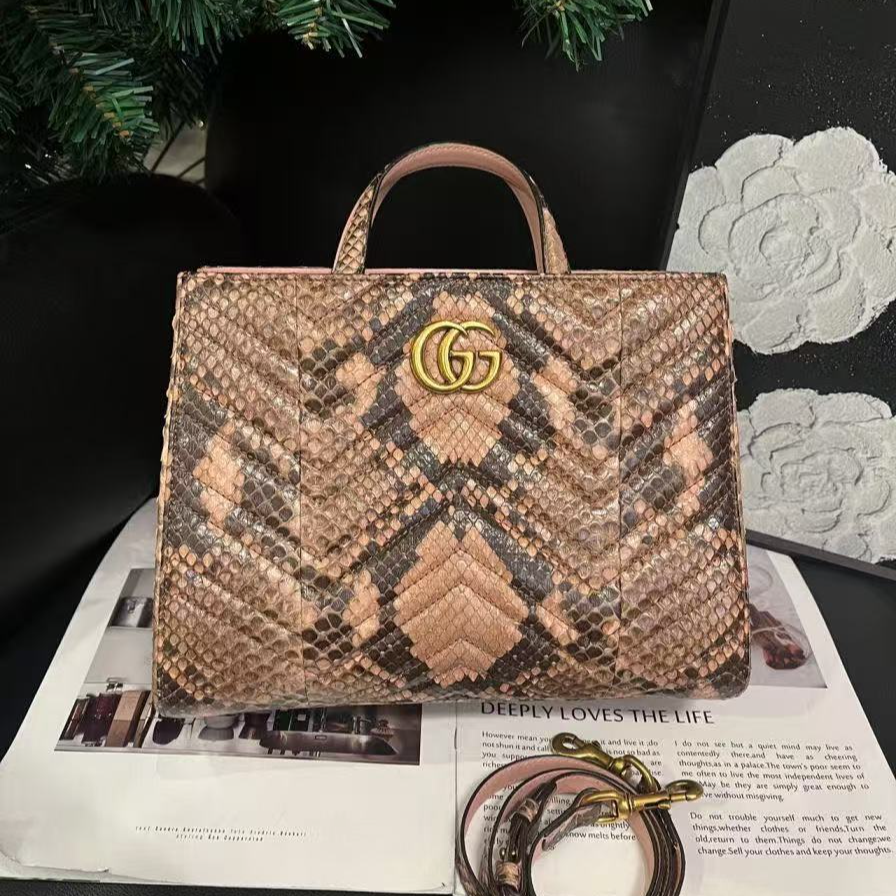 95新 GUCCI/古驰 粉黑蛇单肩包B1243