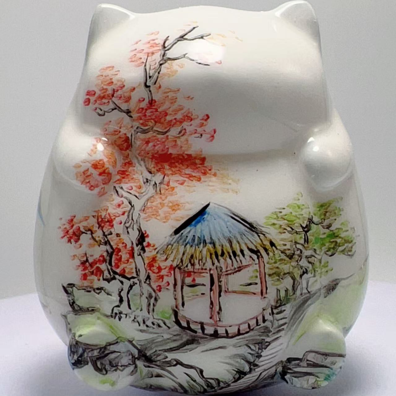 9cm手工彩绘猫咪不倒翁可爱创意猫猫摆件手绘中式檀木猫猫