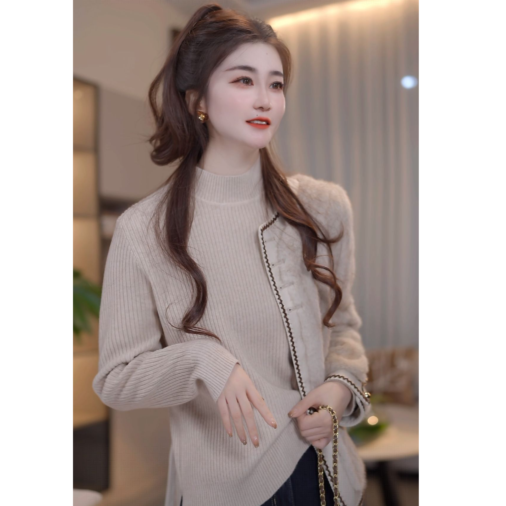 『浪漫奶茶L』A时尚气质百搭针织衫6538