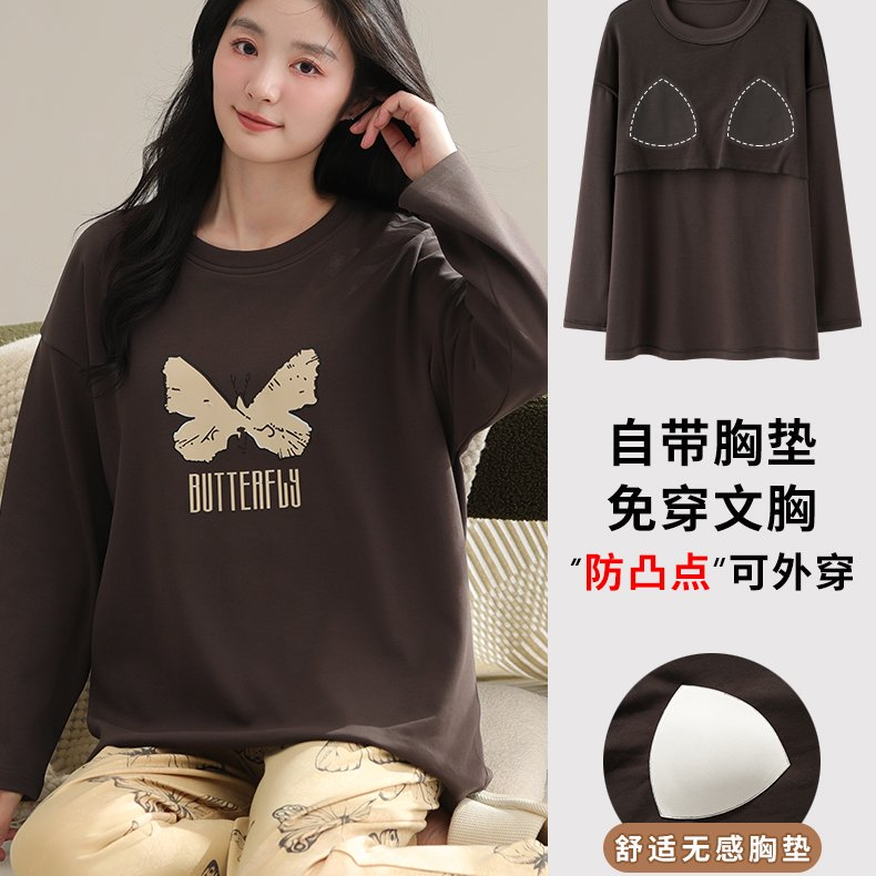 【雅】纯棉女圆领长袖睡衣套装（带胸垫）51004