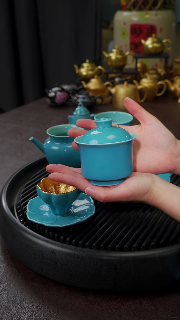 【闪购商品】杯【宜景窑松石蓝】马蹄盖碗