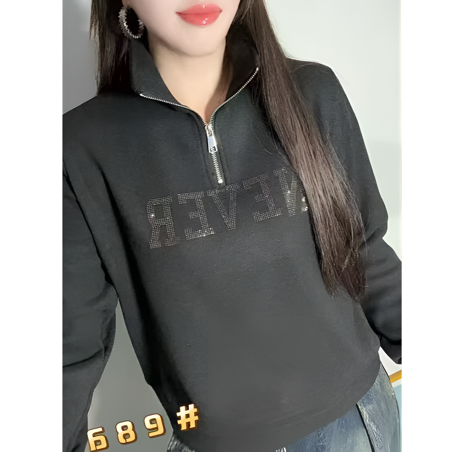【玲子现货】687  加绒翻领烫钻时尚上衣女休闲卫衣