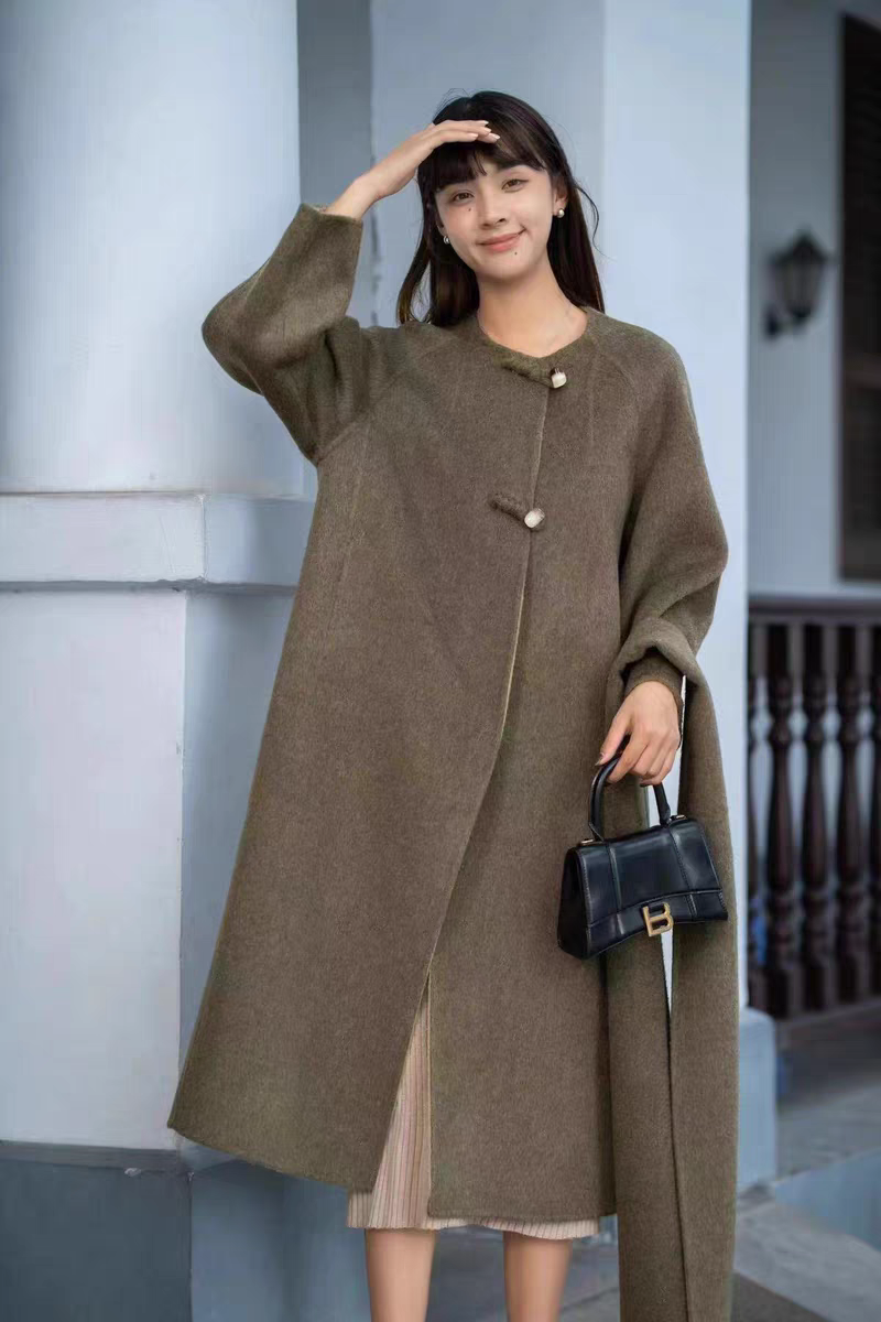 YRC长款宽松型宽松圆领薄款毛呢外套中长款双面外套韩版