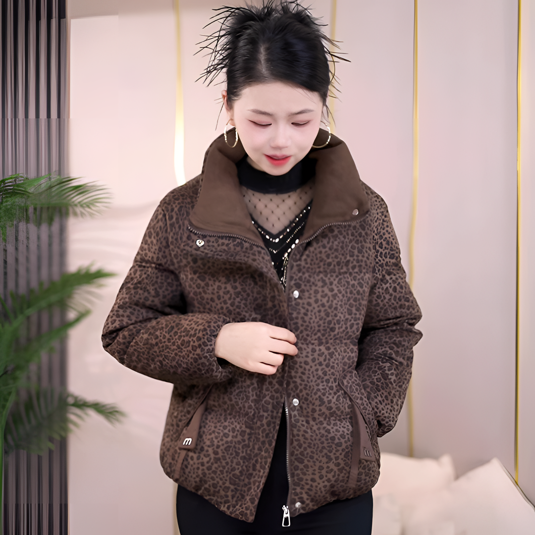 时尚洋气减龄豹纹棉服2025新款冬款韩版女士立领短款妈妈棉衣外套