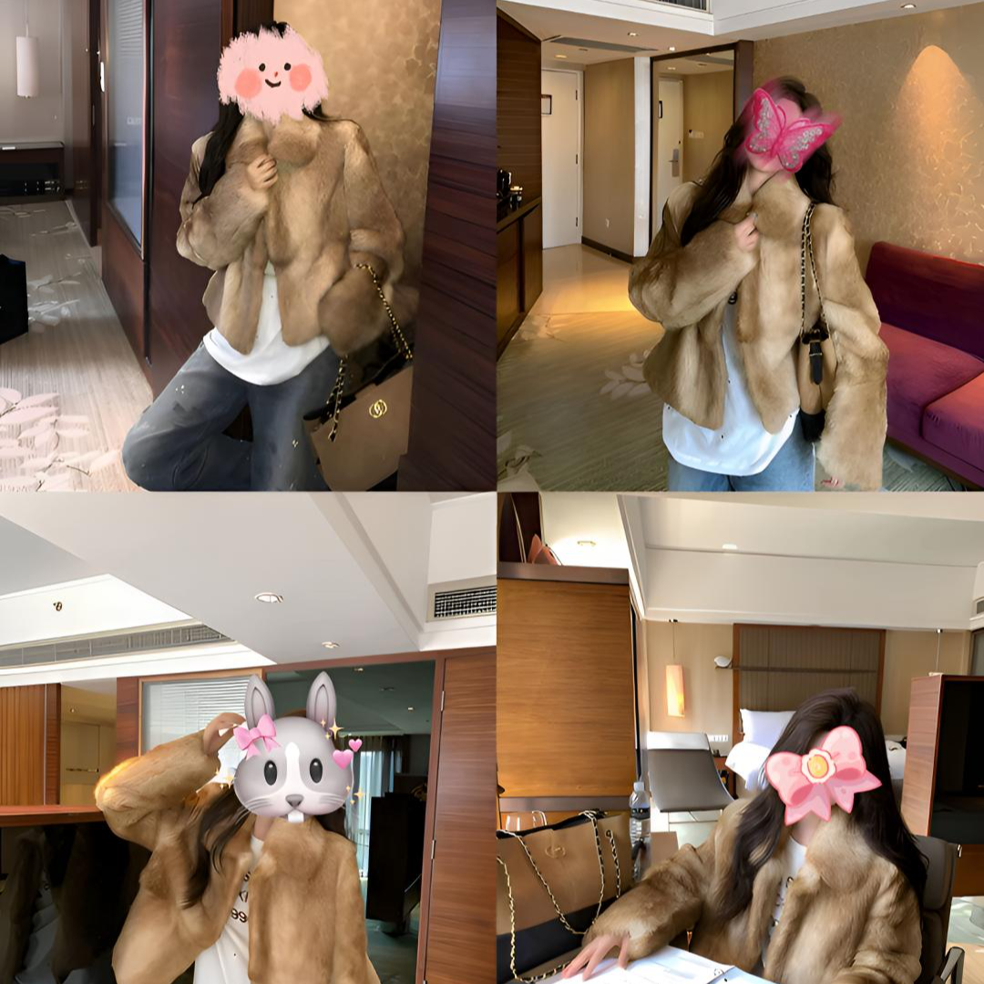 啦啦酱专属“千禧板栗”2025新款极简风双色兔毛短款中古短皮草外套