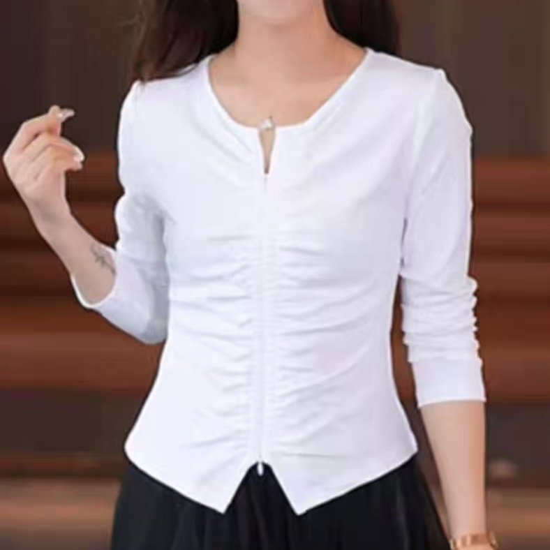 2025春秋新款时尚褶皱长袖T恤显瘦拉链遮肚子洋气上衣8829长57