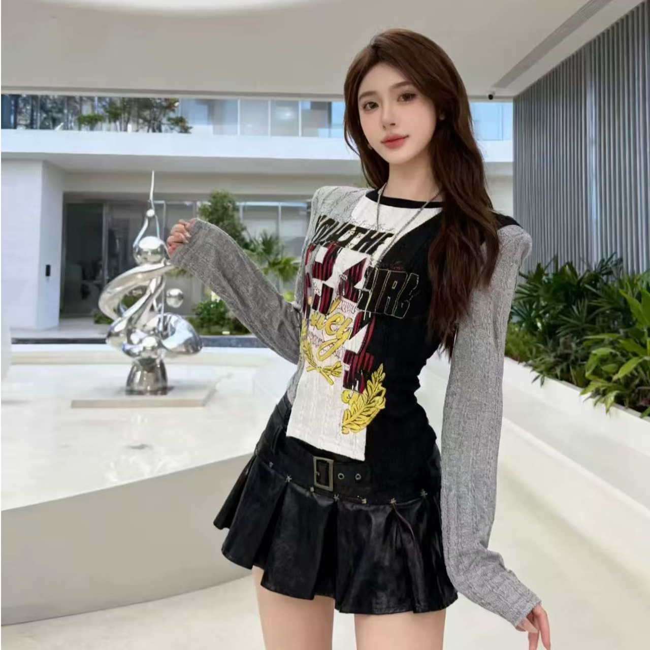 【星儿家2】美式复古辣妹设计感印花针织长袖                    