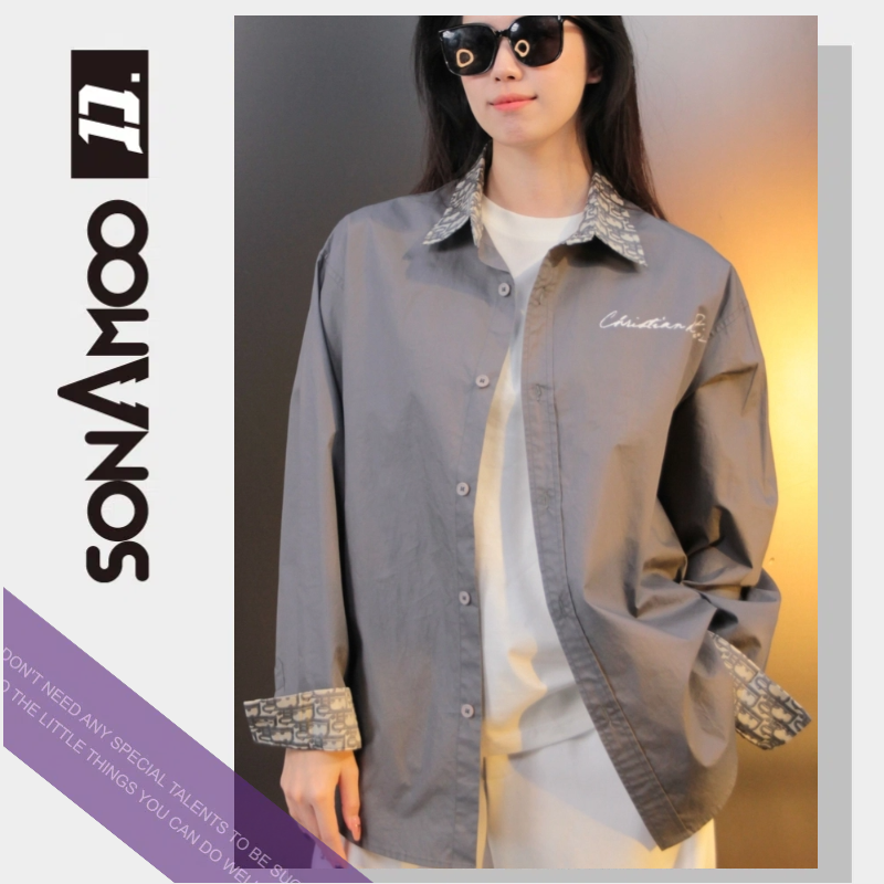 【D13323】翻领花纹刺绣长袖衬衫外套男士宽松D13323