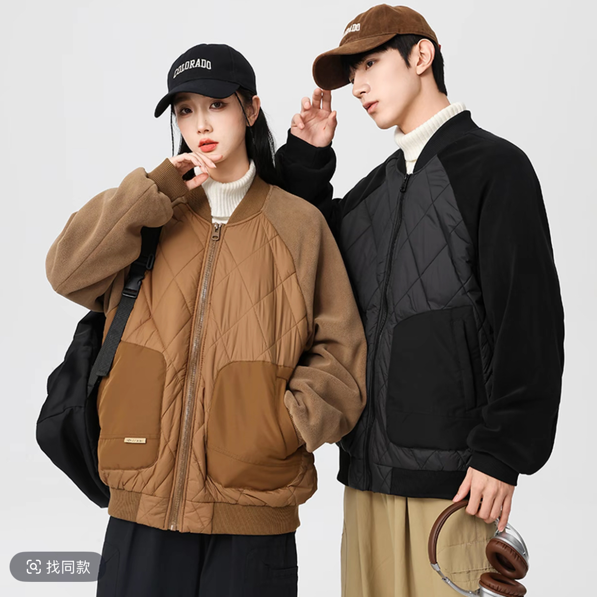 菱形格服冬季潮牌棒球领痞帅情侣棉衣外套8777.