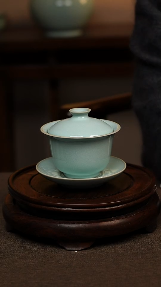 瓷片天青色全手工三才元宝盖碗150ml微瑕不带礼盒