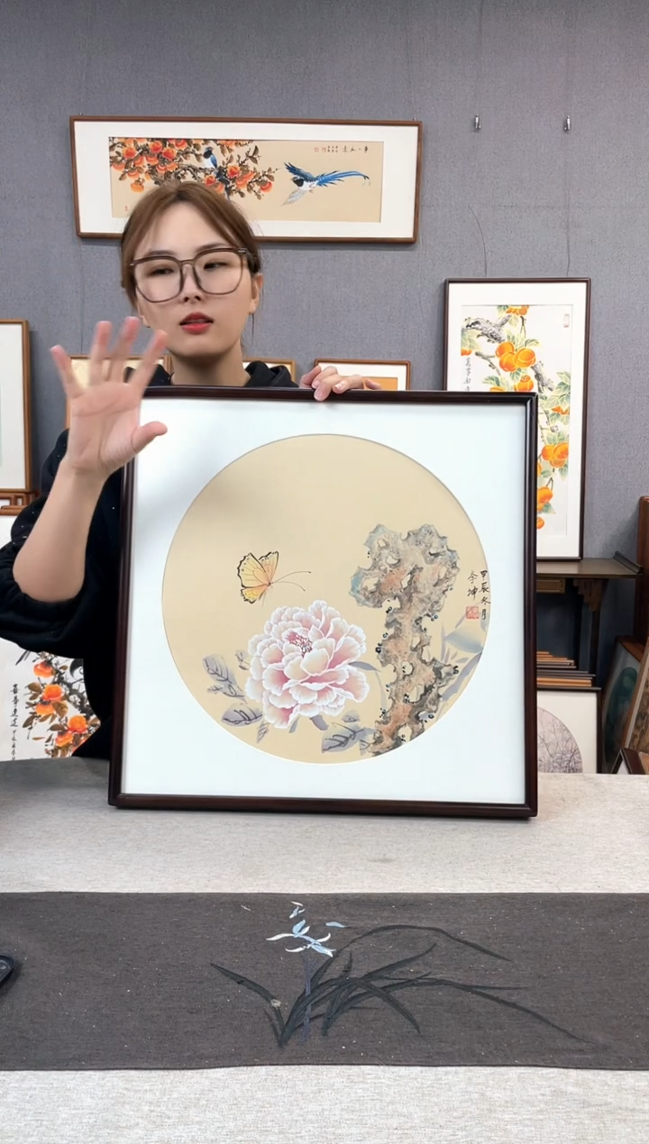 【闪购商品】国画李坤-手绘带框作品-53*53-牡丹