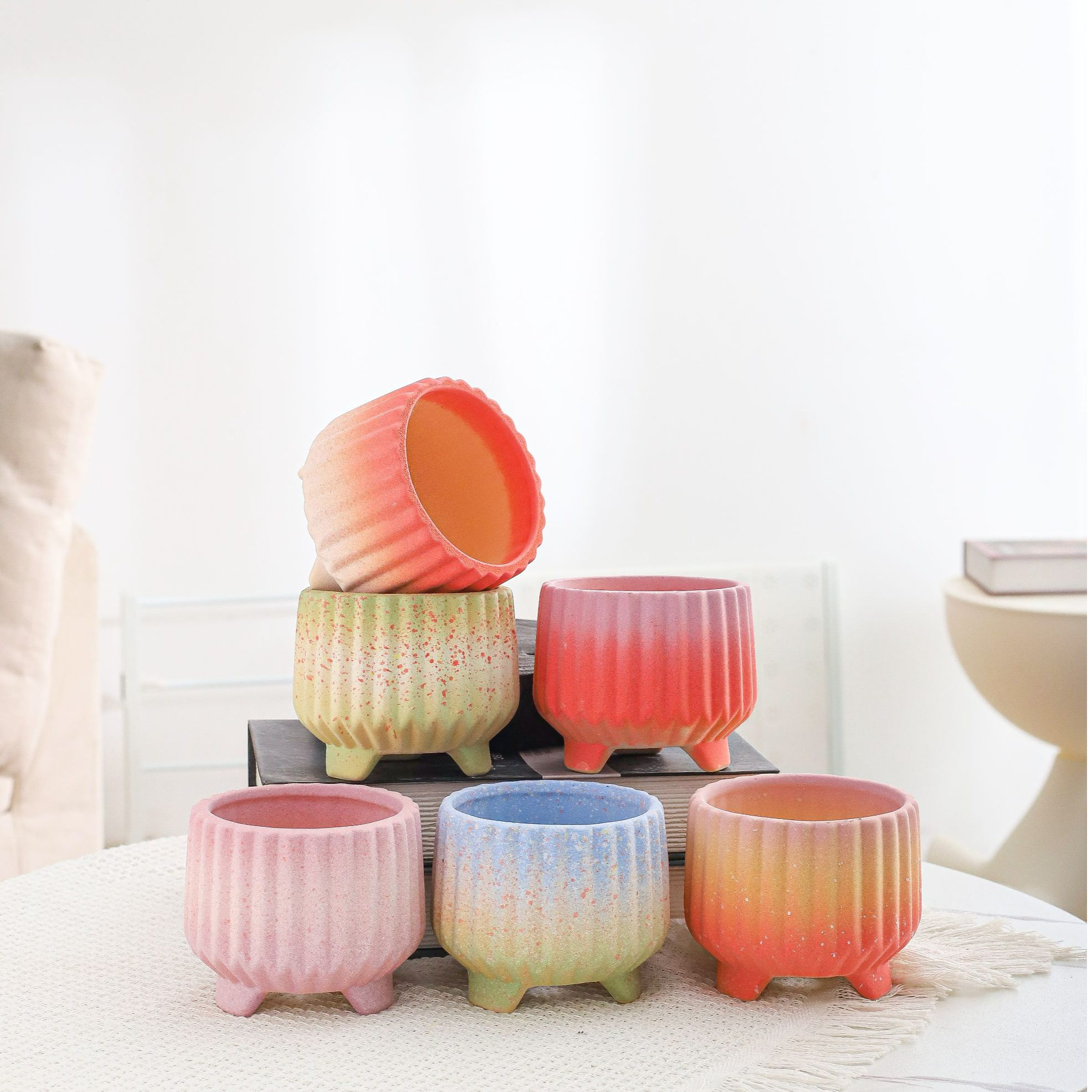 多肉花盆新款简约创意三脚折纸家用麦饭石粗陶大口径陶瓷花盆直播