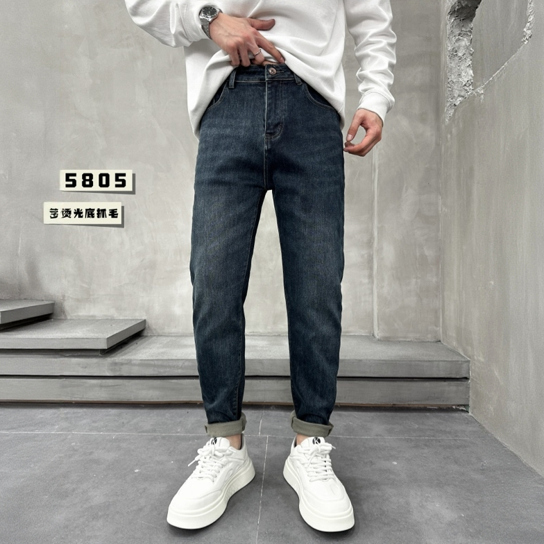 冬季新款底抓毛男水洗修身直筒小脚牛仔裤时尚百搭弹力牛仔裤5805