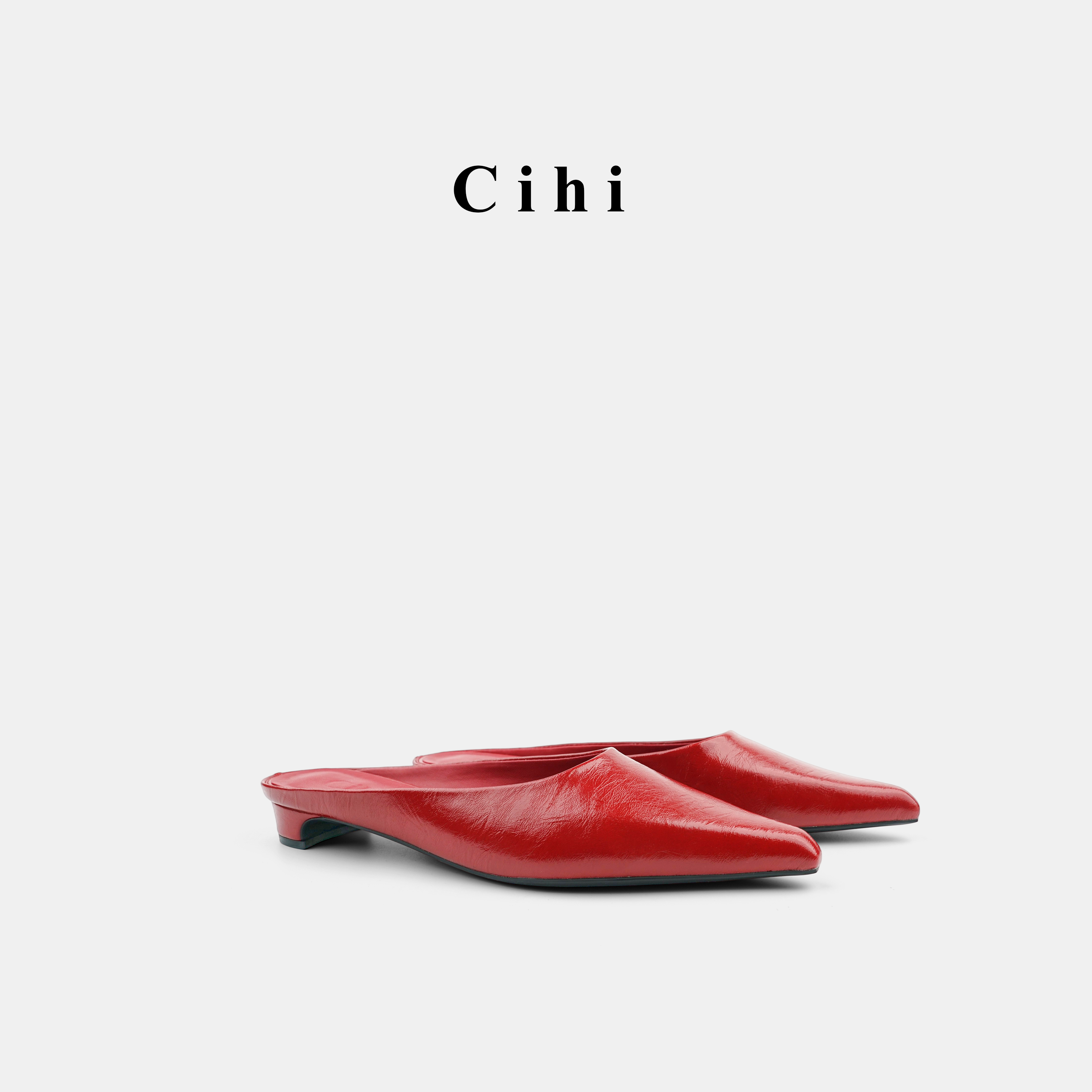 Cihi設計’glossy point‘  法式复古 包头半拖鞋尖头一脚蹬单鞋