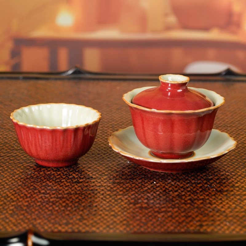 【小乔赏瓷】谢小金豇豆红花凌盖碗+茶韵杯xxj774