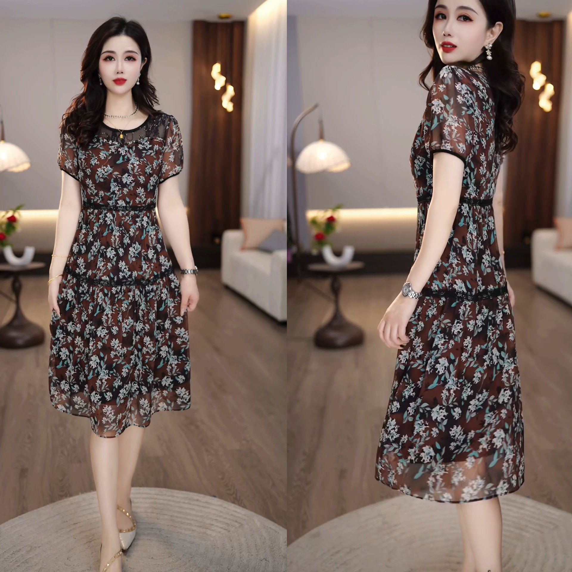 2025夏季新款蕾丝碎花时尚休闲气质优雅显瘦复古女士连衣裙M-4XL