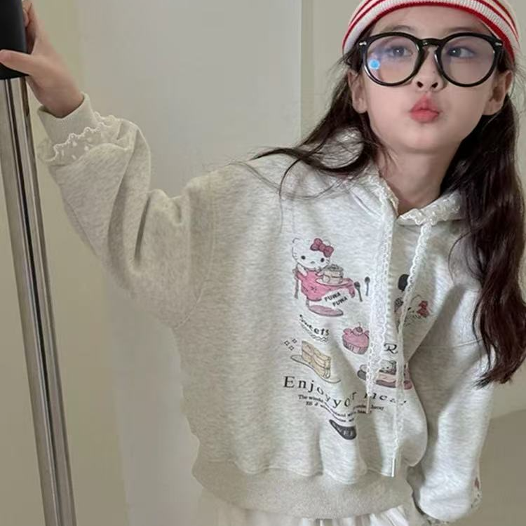 249秋款蕾丝花边卡通猫咪帽衫卫衣