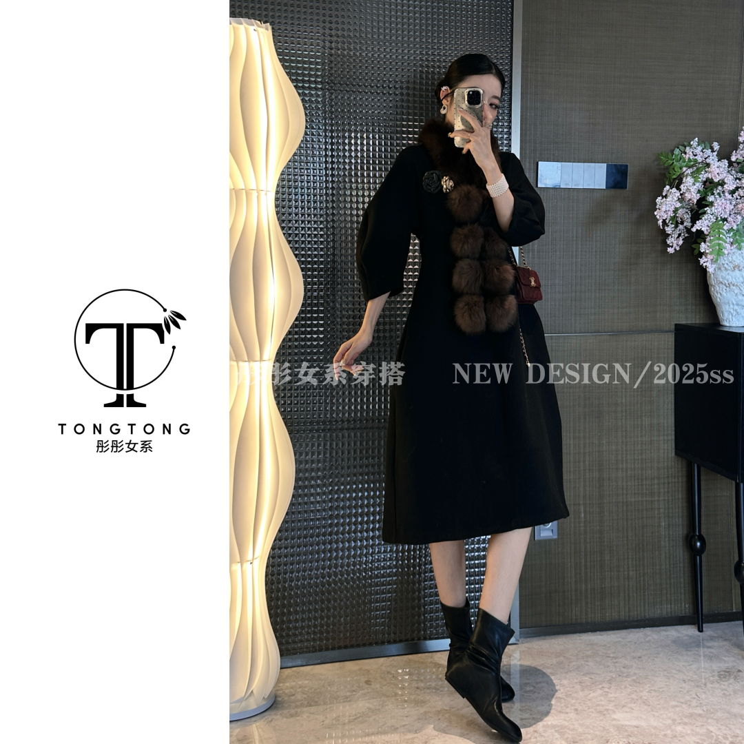 TongTong女系 优雅气质轮廓羊腿袖连衣裙冬季时尚显瘦中长款