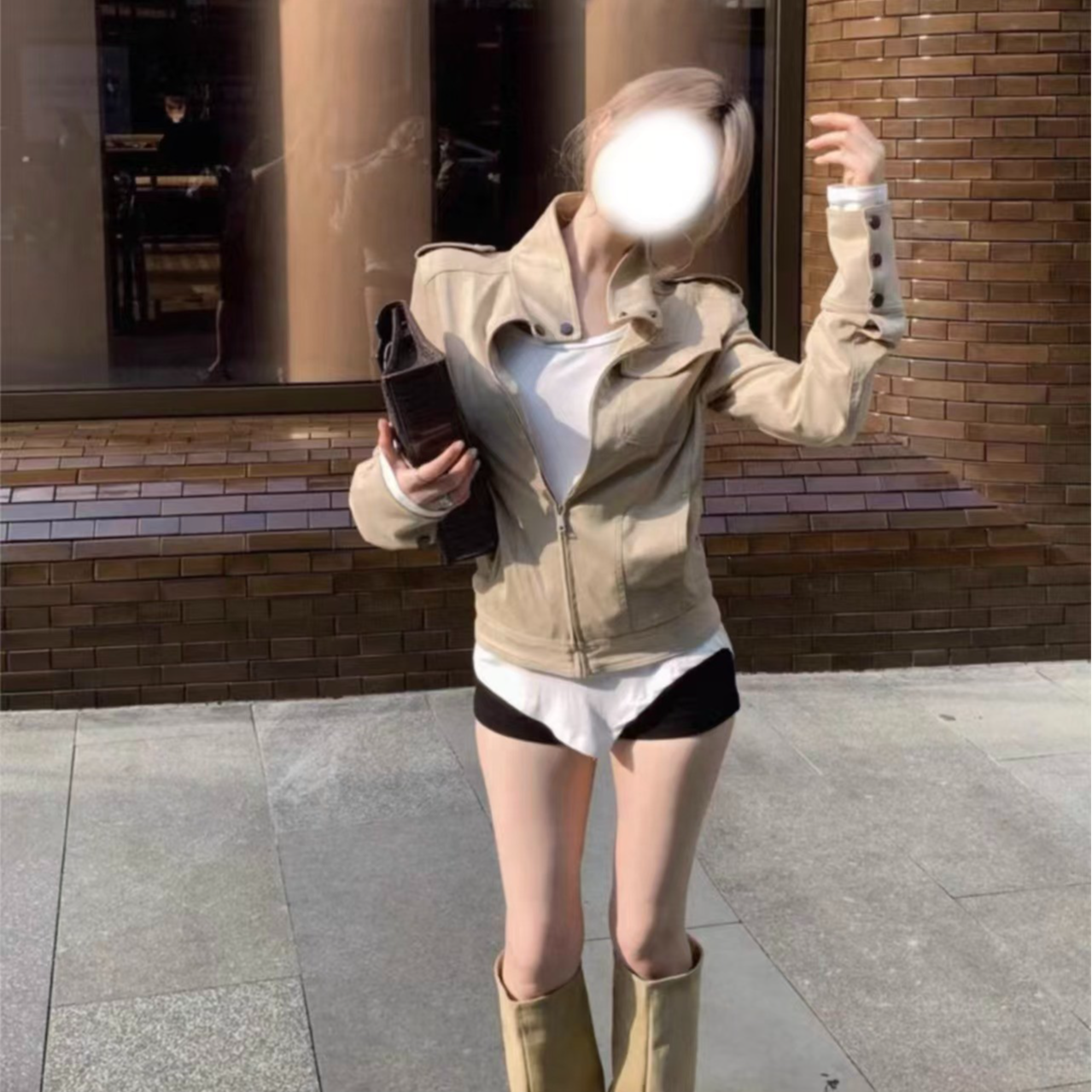 胖鹅张~美式复古立领收腰几皮夹克外套#1968