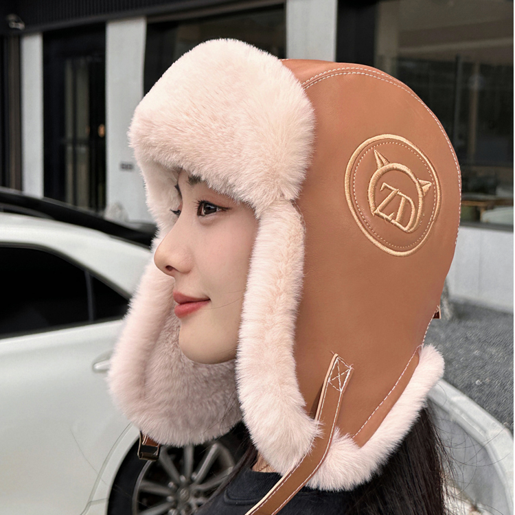 PU皮质雷锋帽ZD标男女秋冬加厚保暖毛绒帽户外滑雪防寒护耳飞行帽