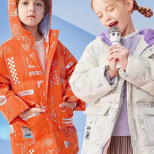 直播中大童儿童男女款羽绒服阳光中长款亮面免洗材