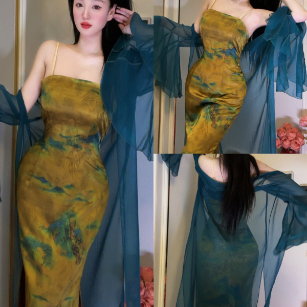 唯艳【千里江山】高级奢华感双面提花缎面花萝包臀吊带连衣裙旗袍