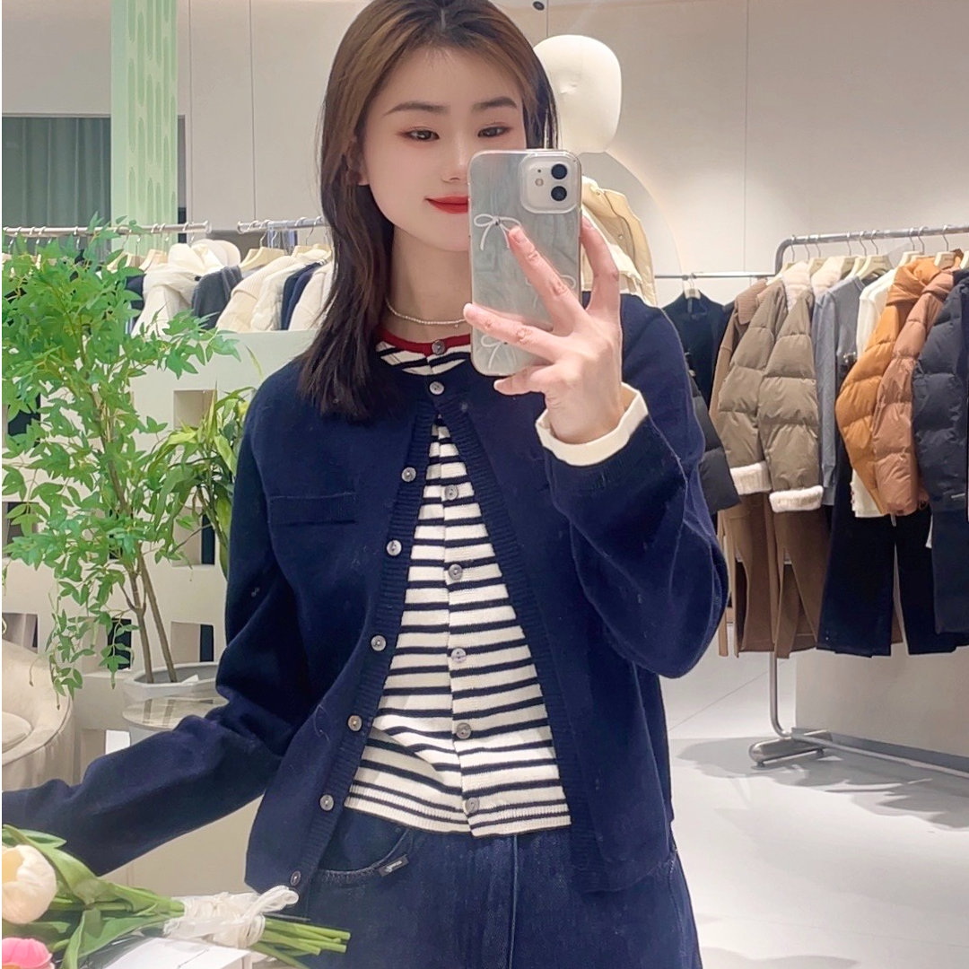 艾然2025春款新款假两件条纹针织显瘦款假两件针织