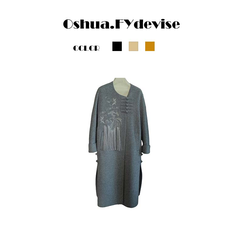 Oshua/欧诗嬅经典国粹奢华新中式刺绣双面尼外套大衣