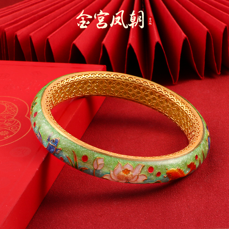 足银珐琅手镯 金宫凤朝锦鲤好运足银999珐琅实心镯国风宫廷银手镯