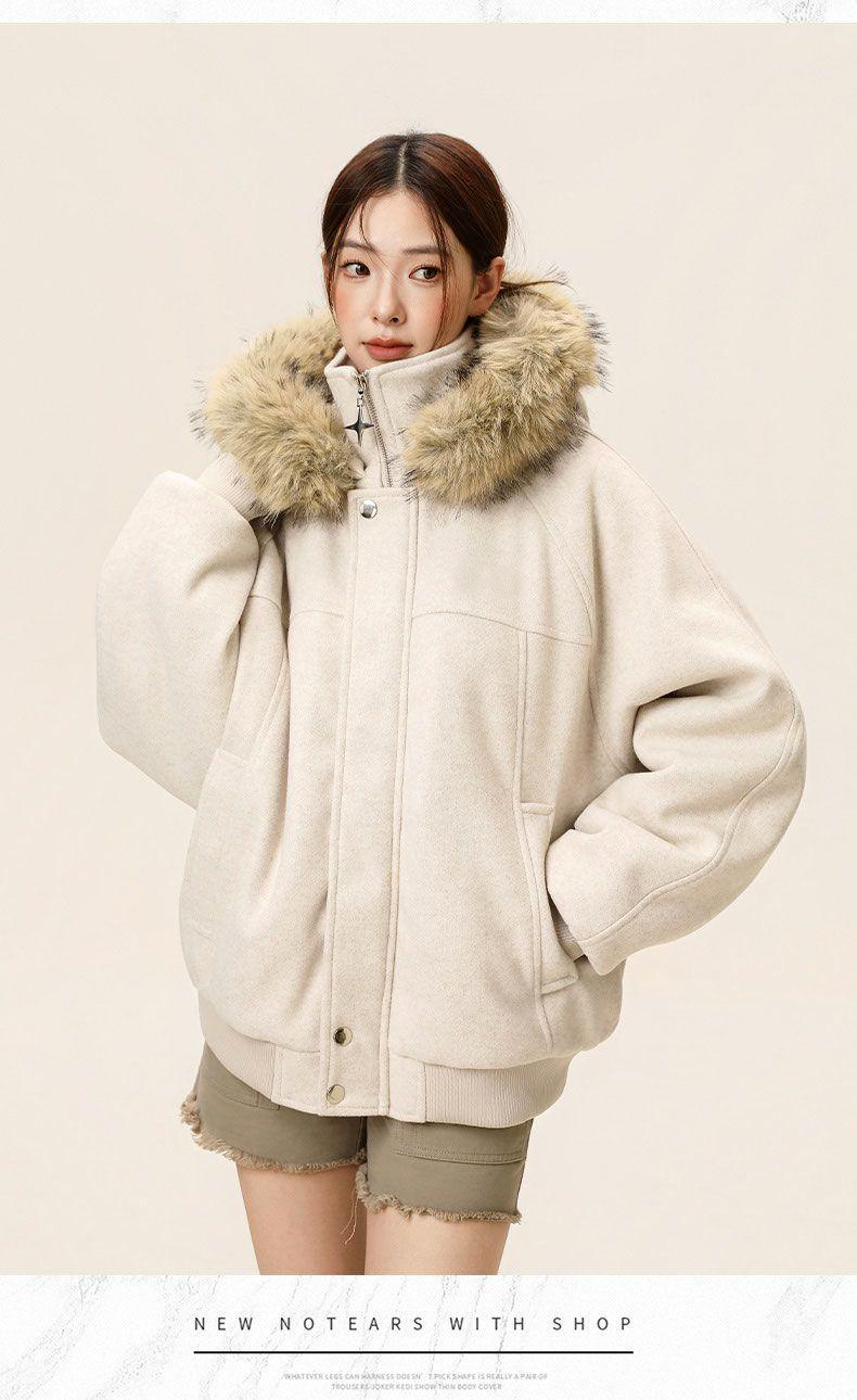 【座山雕可拆毛领连帽】休闲拼接秋冬毛呢保暖情侣款上衣外套