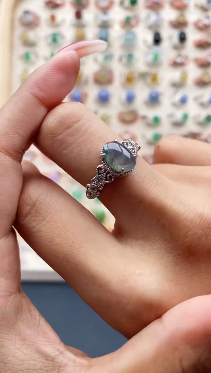 【闪购商品】翡翠戒指银S925镶嵌缅甸天然A货翡翠444 1+1