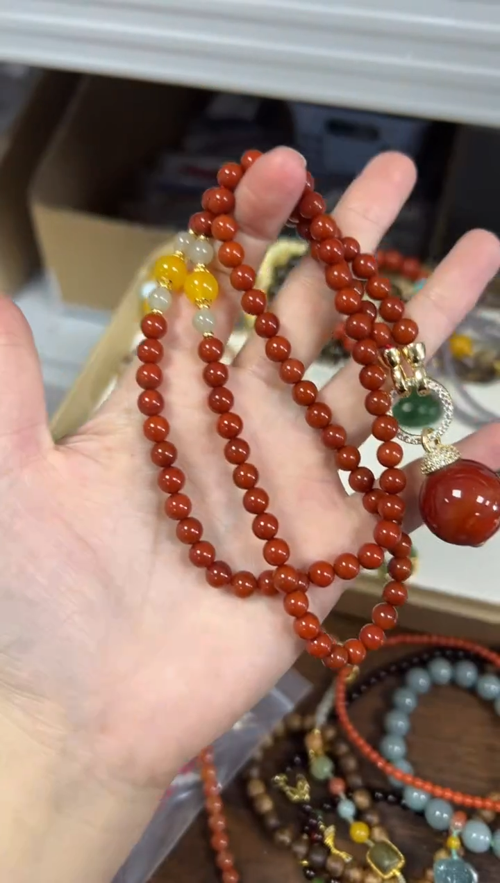 未镶嵌颈饰玛瑙/玉髓孤品柿子红玛瑙大珠圆珠项链[470]