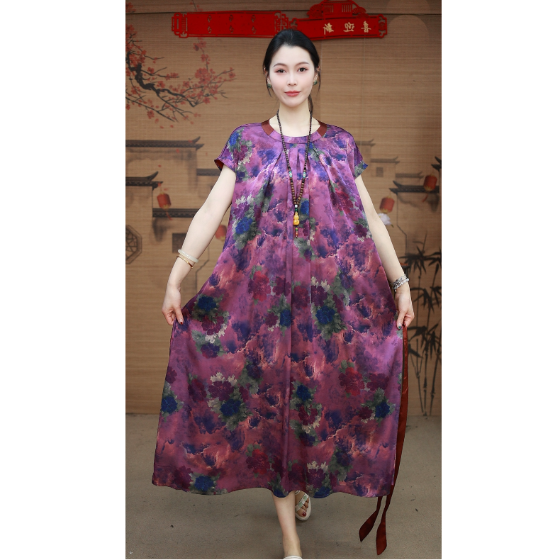 【蓝夫人 牡丹国色 】·女装碎花裙瘦连衣裙气质长裙短袖2536-3