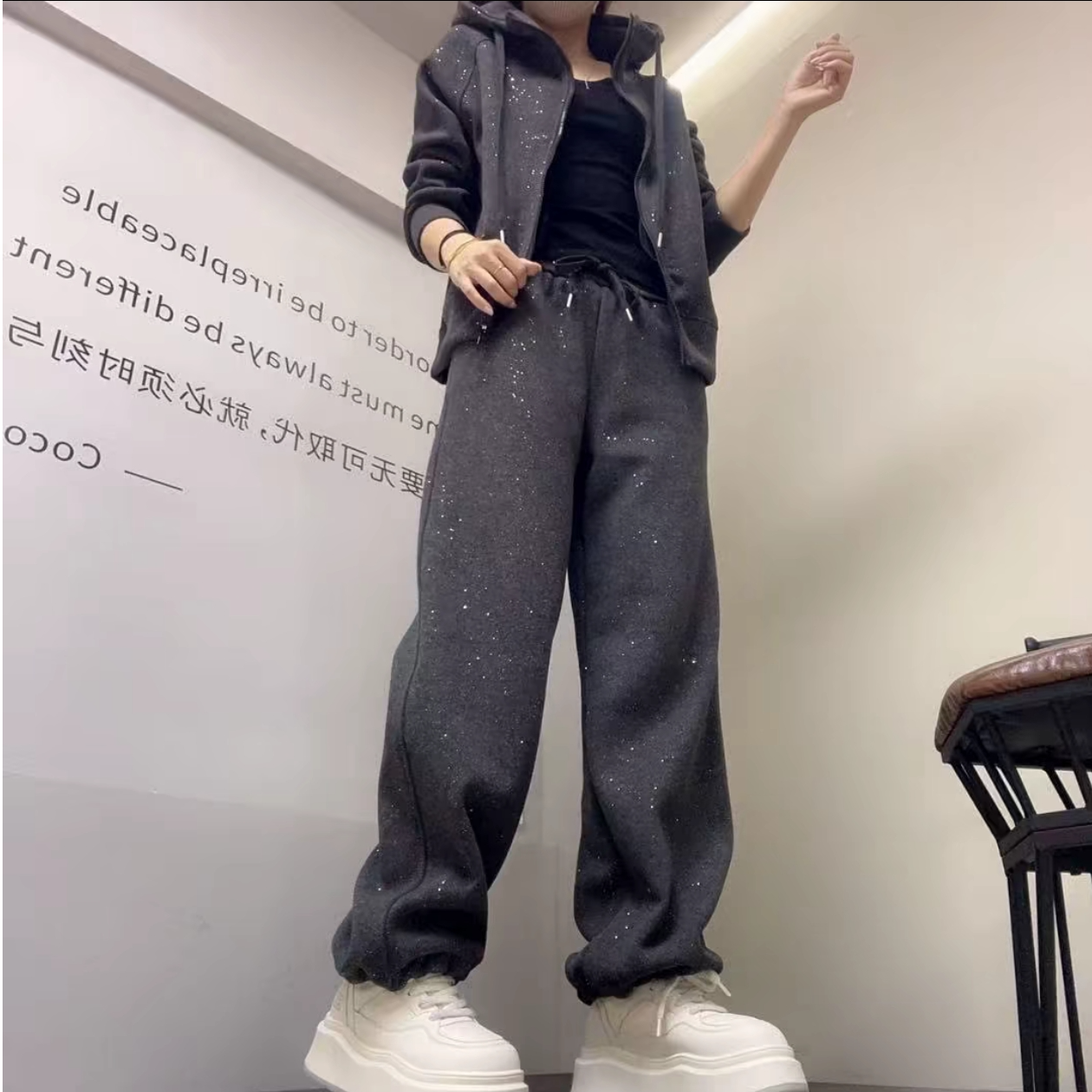 加绒欧货重工款加厚时尚百搭宽松外套+裤子两件套