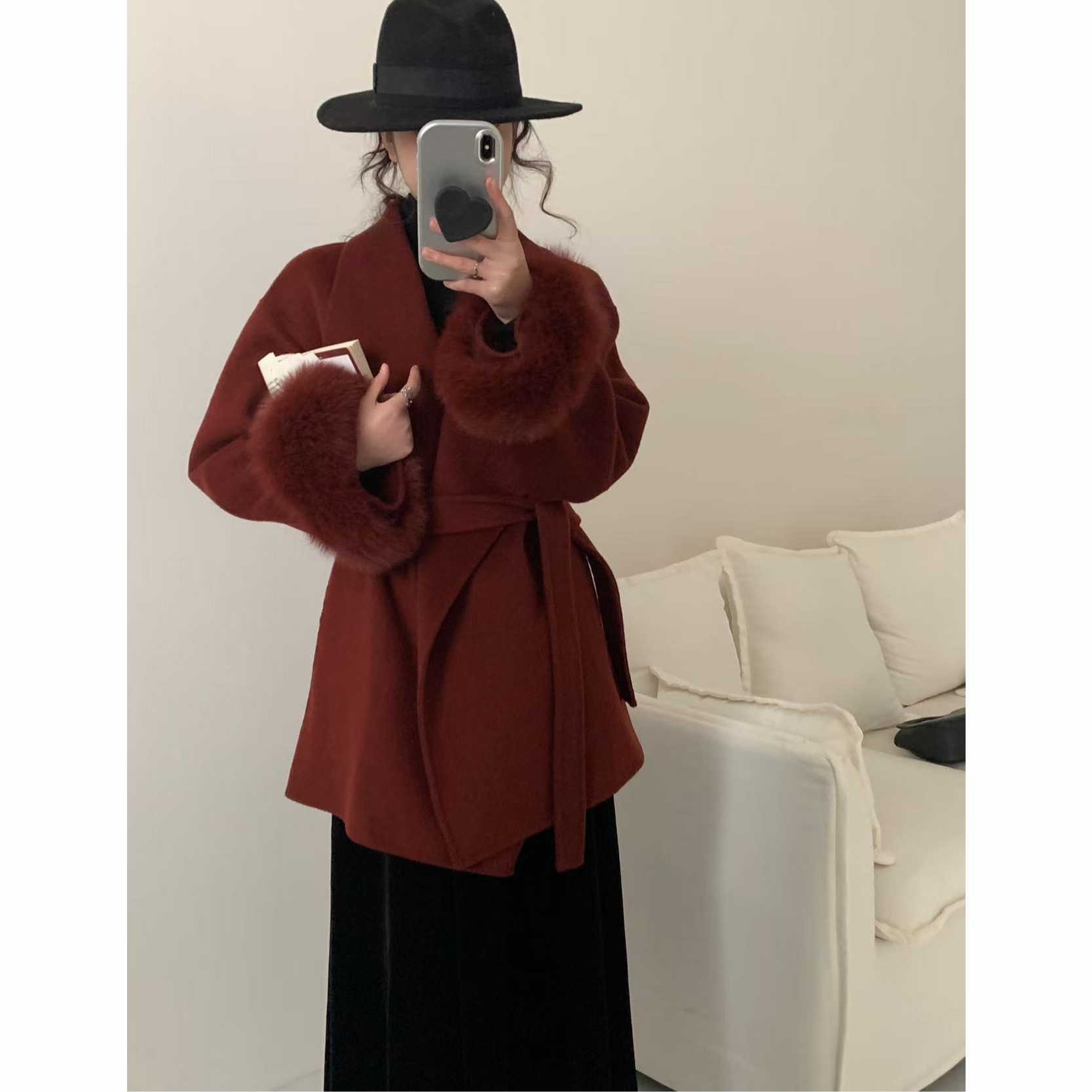 无印心匠k2355 宽松收腰 中长款羊毛+狐狸毛羊毛大衣 秋冬A308