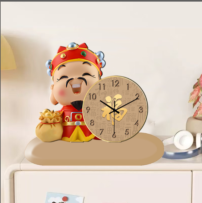ZB122新中式财神爷时钟摆件家用创意客厅玄关桌面钟表摆件福利-10