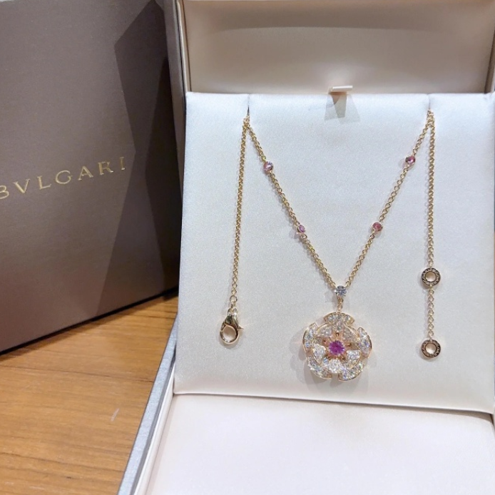 99新 BVLGARI/宝格丽 珊珊活动 扇子满钻项链 18K玫瑰金 粉宝石