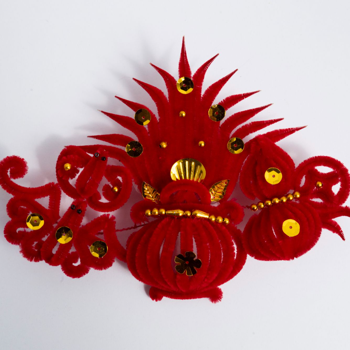 【金钱福禄】2026新年红绒花聚宝盆,婆婆妈妈头戴头花大号(夹子款)