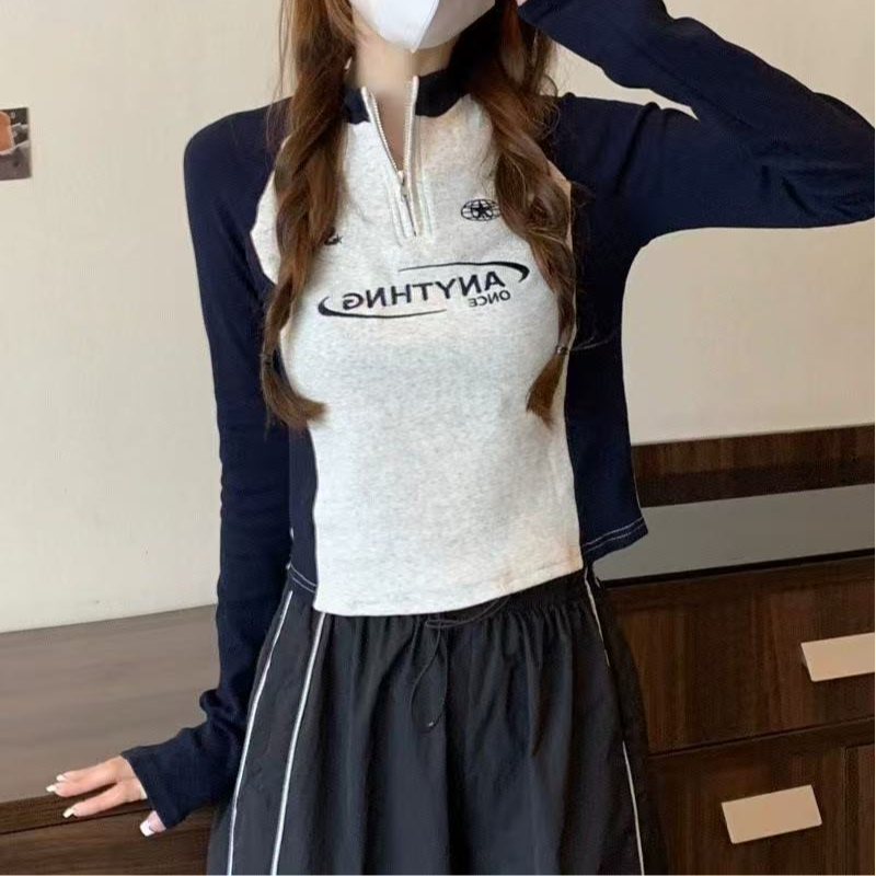 美式复古T恤长袖女秋季新款修身拉链内搭打底衫短款撞色刺绣上衣 