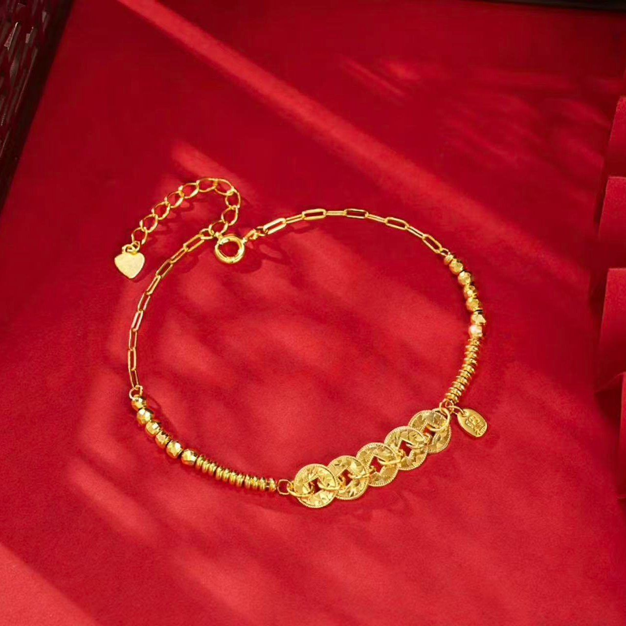 铜合金手链 4克精工五帝钱盘缠手链女士气质时尚百搭民族风精美