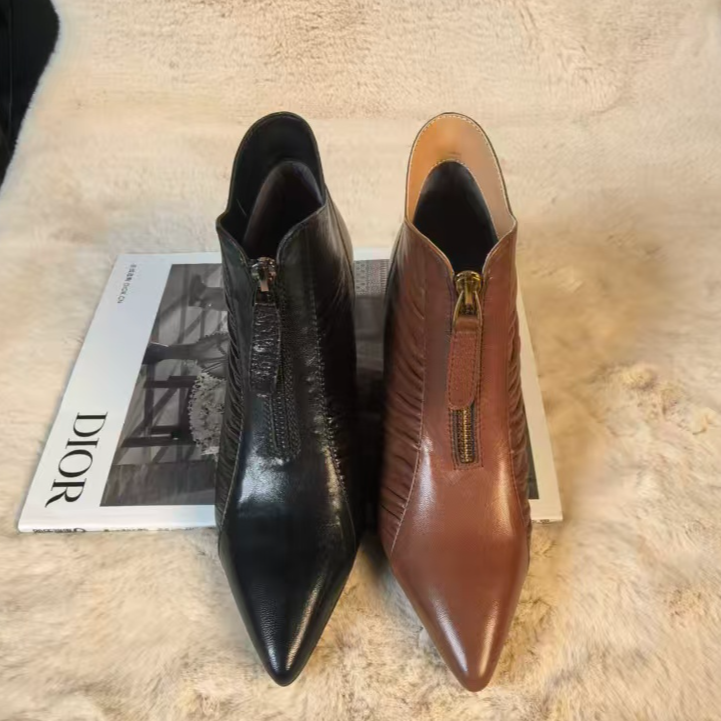 【BABILINA】前拉链尖头侧拉链女复古港风短靴粗跟秋季跟鞋