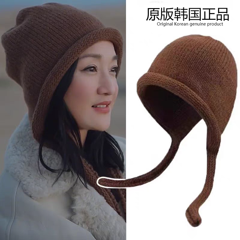周迅同款山羊绒针织加厚帽子秋冬新款保暖护耳帽包头卷边百搭帽