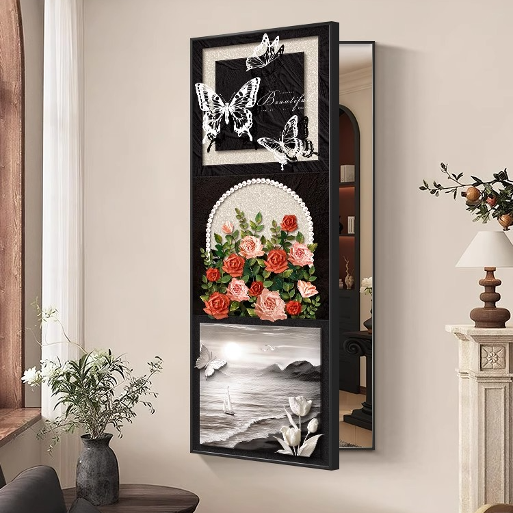 穿衣镜隐藏式法式奶油风镜子装饰画日照金山推拉全身镜高级感挂画