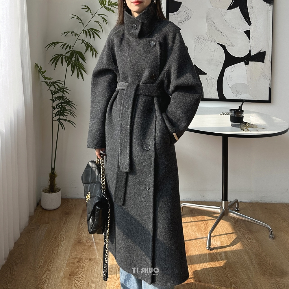秋冬高端立领灰色双面羊毛大衣长款宽松休闲咖色毛呢外套女