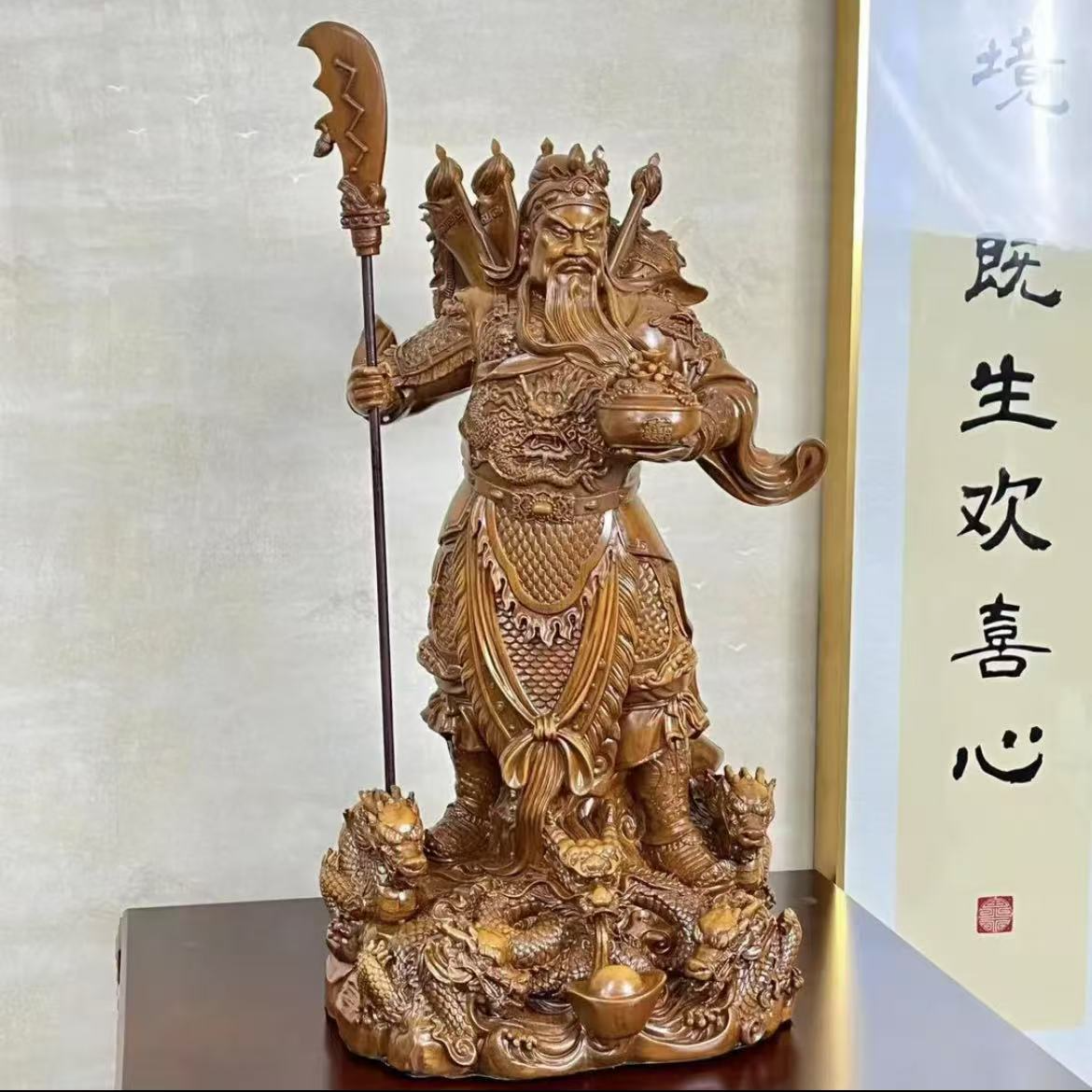 FM461麒麟关公摆件玄关手工聚宝盆中式工艺品办公室前台装饰品