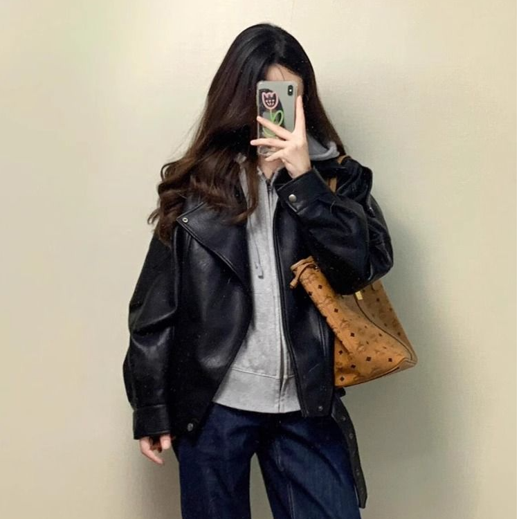 美式复古机车皮衣PU外套女2024秋冬新款高级感双层领宽松显瘦夹克