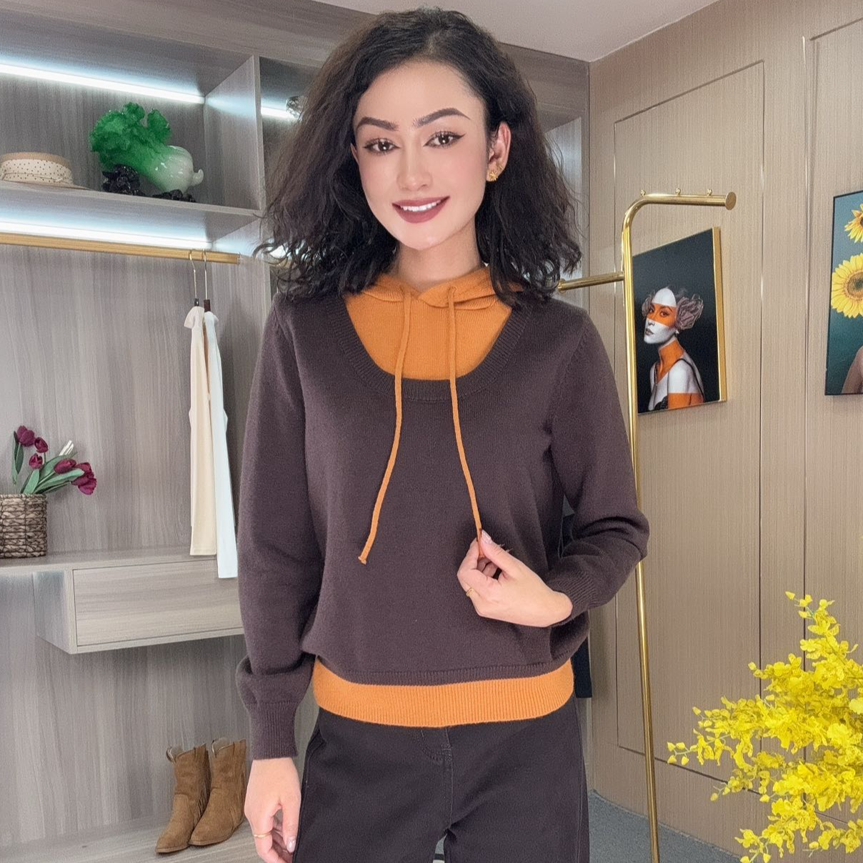 连帽假两件款针织秋季女毛针织衫女装上衣网红长袖