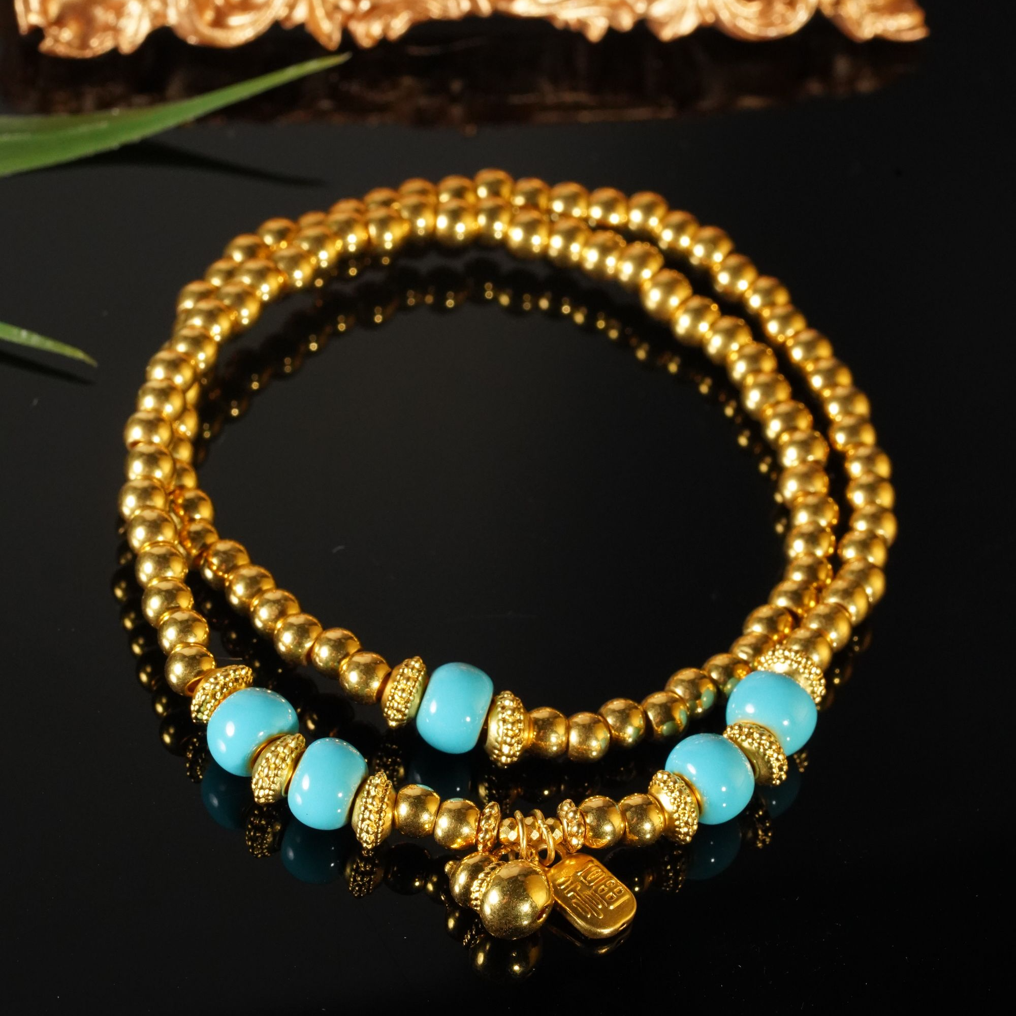  足金999【松澜福珠】松石色珐琅彩葫芦圆珠双圈手串