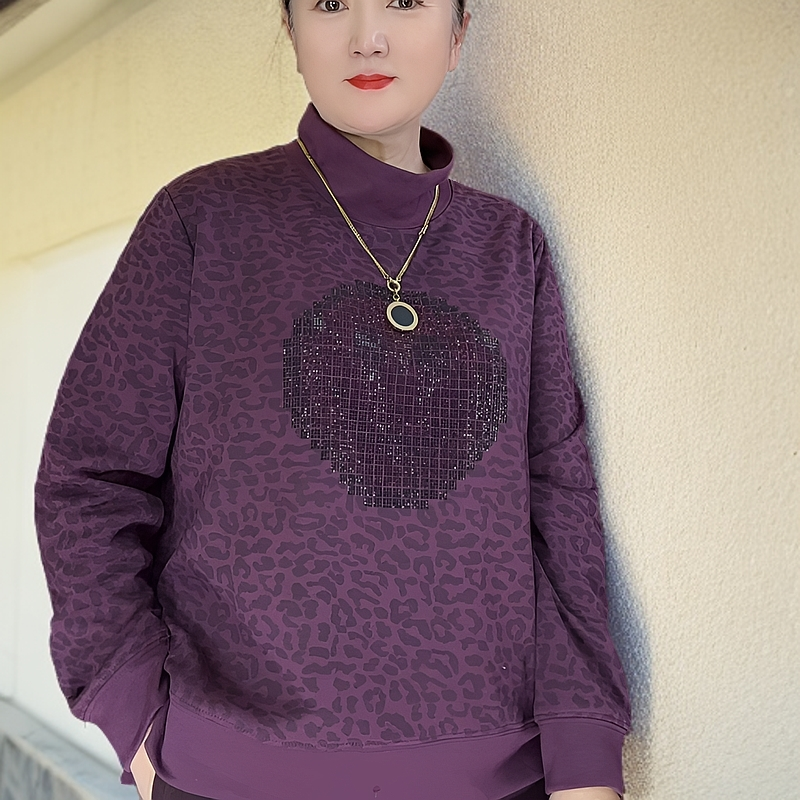 2025早春新款豹纹笑脸莱茵钻长袖半高领百搭宽松高级休闲卫衣